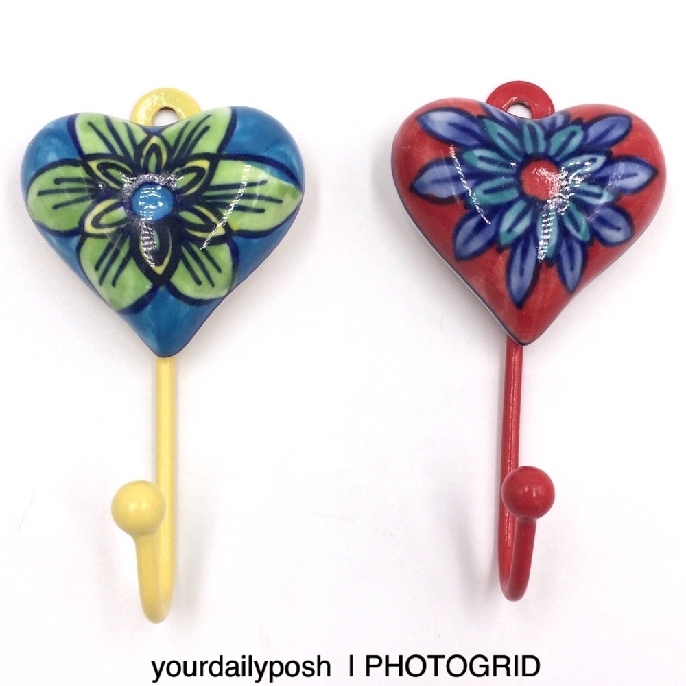Pair of floral hand painted ceramic wall key hooks